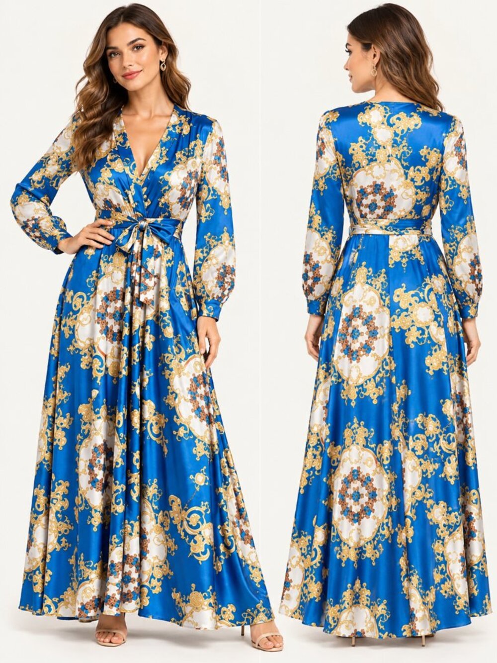 Blue Gold Baroque Print Long Sleeve Maxi Wrap Dress Size 2XL